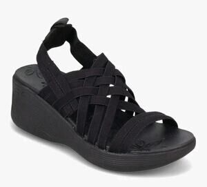 Skechers NEW Luxe Foam Pier Lite Black Stretch Slingback Strappy Wedge Sandals 7